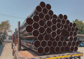 Steel pipes are placed in factory, steel pipe for fabrication,Stacked together of steel tube,...