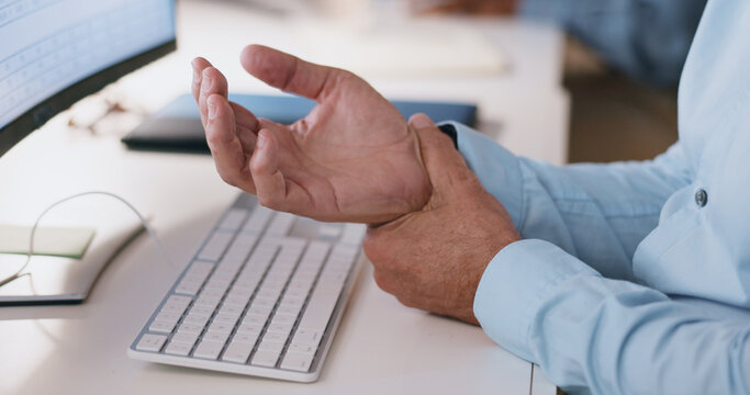 Fototapeta Businessman, hands and wrist in joint pain from injury, overworked or carpal tunnel syndrome at office. Closeup of man or employee with arthritis, ache or inflammation of palm on desk at workplace