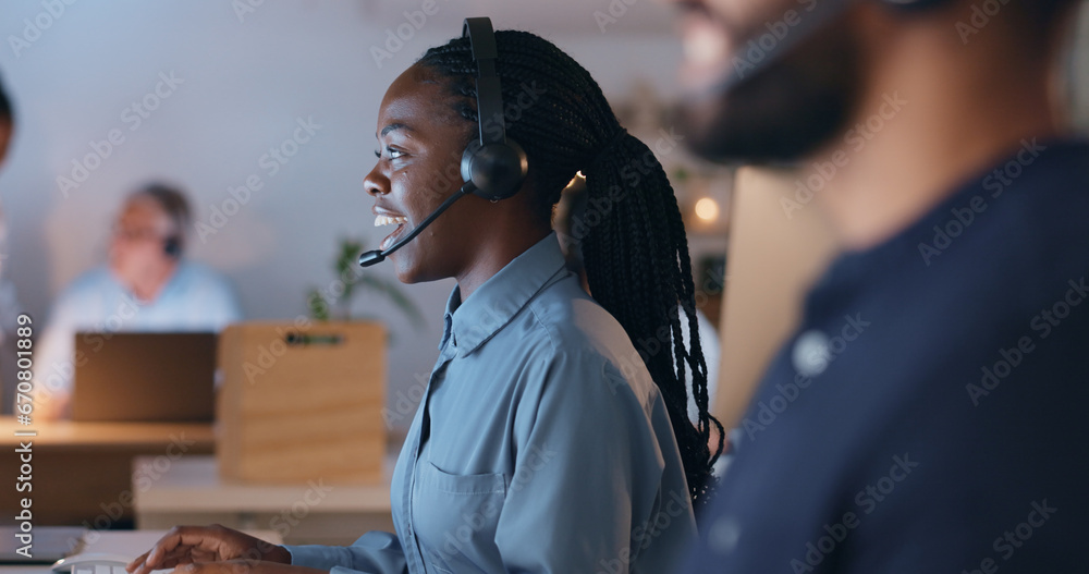 Poster happy woman, call center and night communication, customer service or e commerce support on computer