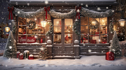 a christmas store front in the snow covered in decorations
