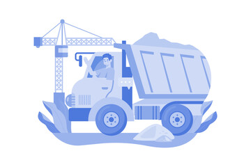 Truck Driver Rising Hand While Sitting In Construction Truck