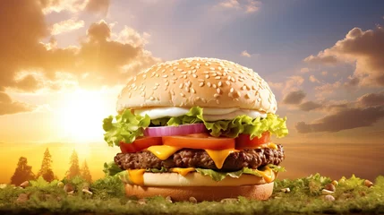 Foto op Plexiglas Floating hamburger with meat, cheese, tomatoes, lettuce, and splash of sauce isolated on bright background. 3d illustration of flying cheese burger with delicious ingredients. © Kowit