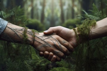 Harmony with Nature Man Shaking Hands against a Serene Forest Background