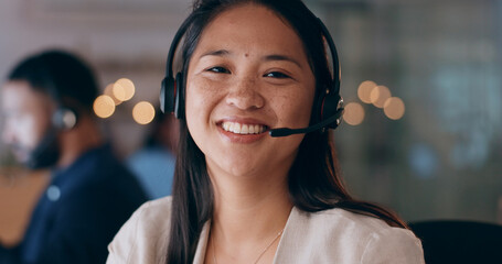 Business woman, portrait and call center, night communication or consultant support for customer...