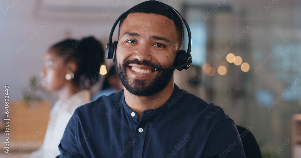 Poster night, call center and portrait of happy man in office consulting for contact us, faq or crm. workin