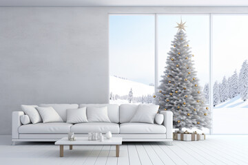 christmas tree and white couch in a white living room. christmas home interior. modern minimalist living room