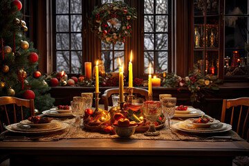Fototapeta na wymiar christmas dinner table setting with candles and christmas lights. table served for a christmas dinner