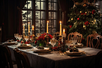 Fototapeta na wymiar christmas dinner table setting with candles and christmas lights. table served for a christmas dinner