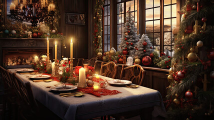 Fototapeta na wymiar christmas dinner table setting with candles and christmas lights. table served for a christmas dinner