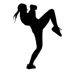 Silhouette of a woman doing aerobic move. Silhouette of a gym sporty person doing workout.