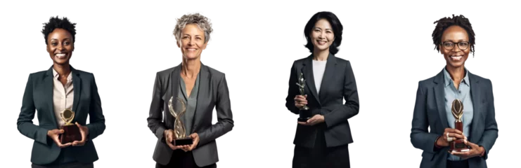 Tuinposter Set of Portrait of a middle aged manager, businesswoman or boss holding champion trophy for winner, success and achievement award in business concept, isolated on white background, png © 361 Portrait Studio