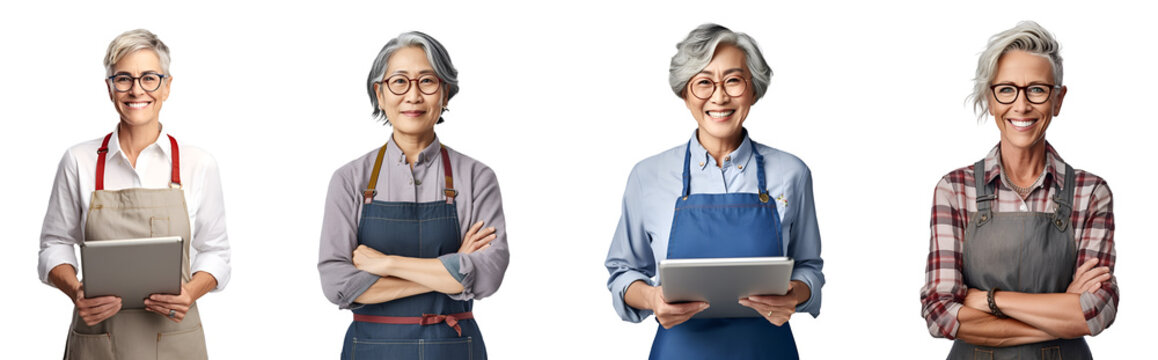 Set of Portrait of a middle aged woman wearing apron happy smiling, Standing posing arms crossed, hand holding using tablet computer, isolated on white background, png