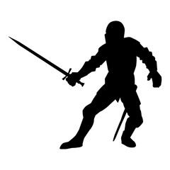 Silhouette of a male warrior wearing war armor suit in action pose using a sword weapon.