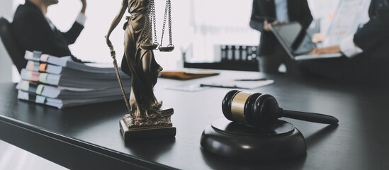 Consultation and conference of Male lawyers and professional businesswoman working and discussion having at law firm in office. Concepts of law, Judge gavel with scales of justice. - obrazy, fototapety, plakaty