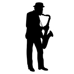 Silhouette of a musician playing saxophone music instrument.  - obrazy, fototapety, plakaty