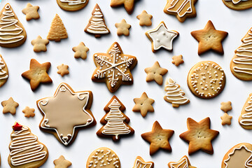 Pretty and delicious Christmas cookies came together. Christmas tree cookies, star-shaped cookies, you can see various kinds.
 Generative AI.