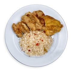 Spicy frid rice roasted chicken and omelet, Indonesian homemade nasi goreng meal with ayam bakar