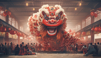 Chinese ew Year lion dance, lively crowd.