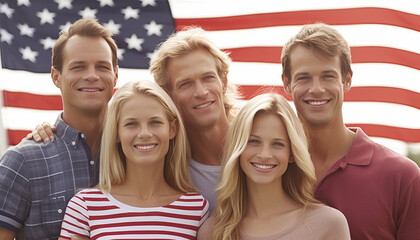 Joyful American family by flag.