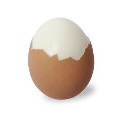 Single hard boiled peeled chicken egg with cracked shell cut out isolated