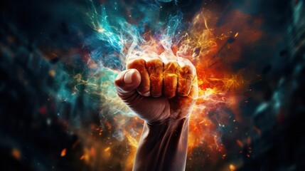 Victory grasp captured in a double exposure, magnifying the triumph