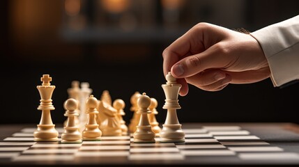 Hand confidently moves a chess piece. strategy, management or leadership concept