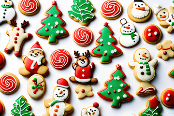 It is a variety of cookies that you can see on Christmas. Snowman cookies, Christmas tree cookies, and Rudolph the Deer cookies are beautifully decorated. Generative AI.