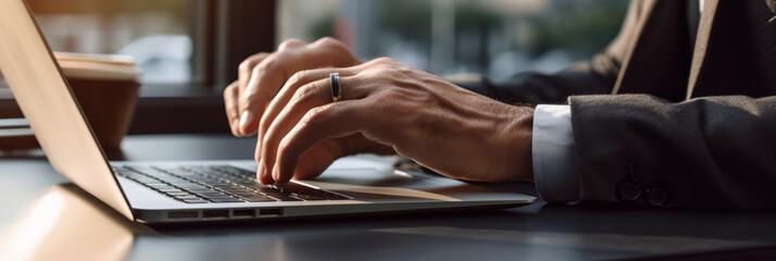 Fototapeta premium Close up of business man hand using digital tablet and working on laptop computer.