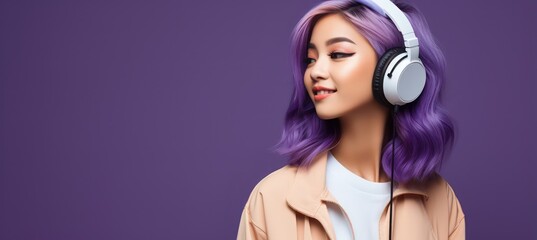 Asian woman in white dress listens music with headphones on blue background, smiling woman listening to music - positive and joyful