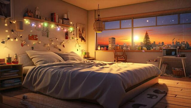 bedroom with christmas tree  decorations. seamless looping time-lapse virtual video animation background.