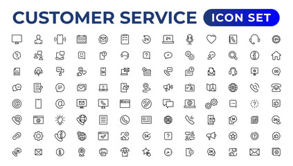 Customer service icon set. Containing customer satisfied, assistance, experience, feedback, operator and technical support icons.Thin outline icons pack.