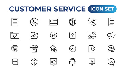Customer service icon set. Containing customer satisfied, assistance, experience, feedback, operator and technical support icons.Thin outline icons pack.
