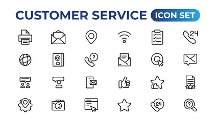 Customer service icon set. Containing customer satisfied, assistance, experience, feedback, operator and technical support icons.Thin outline icons pack.
