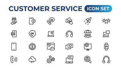 Customer service icon set. Containing customer satisfied, assistance, experience, feedback, operator and technical support icons.Thin outline icons pack.