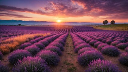 Sunset Over Lavender Fields: Nature's Masterpiece, generative AI