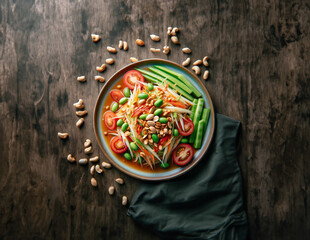 Aerial View of Som Tum - Papaya Salad with Vibrant Colors and Fresh Ingredients
