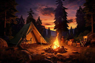 tent with campfire in the forest at sunset