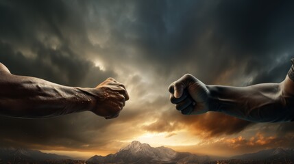 Fists Meet with a Dramatic Sky Setting the Scene - obrazy, fototapety, plakaty