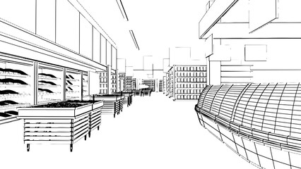 Line drawings of supermarkets selling various food items.,3d rendering