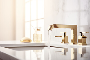 A bathroom sink with a gold faucet and a soap dispenser. - obrazy, fototapety, plakaty