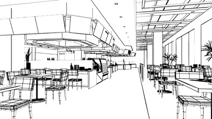 line drawing of the area of the department store hall, the food store section,3d rendering