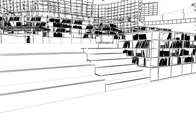 line drawing of a large bookshelf structure in a bookstore,3d rendering