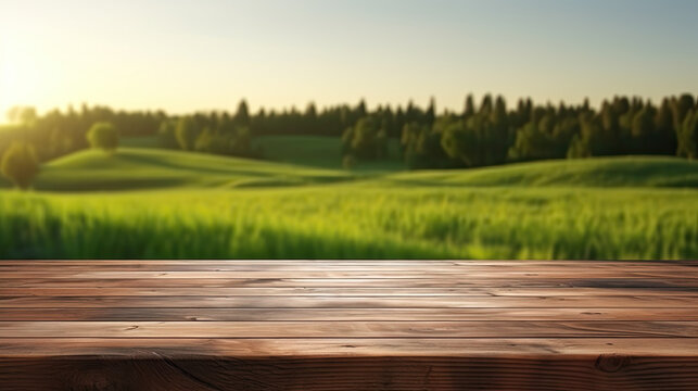 empty wooden board with bokeh green grass landscape. beautiful spring green meadow. copy space for product display and mockup