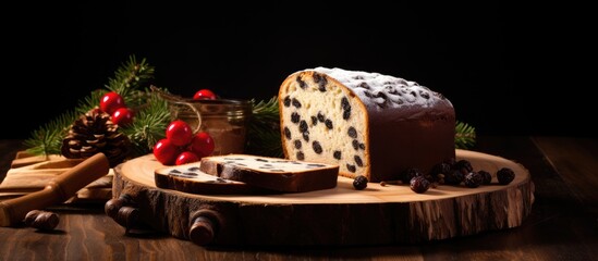 Obraz na płótnie Canvas Chocolate panettone slice displayed on a wooden board adorned with Christmas decorations