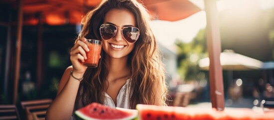 A youthful and attractive lady enjoying a refreshing watermelon beverage on the terrace of a caf in the city indulging in delicious plant based cuisine and unwinding during the warm summer 