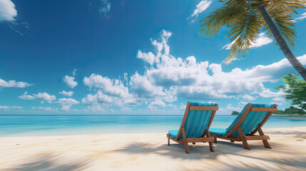 two lounge chairs on a sandy beach with blue sky - obrazy, fototapety, plakaty