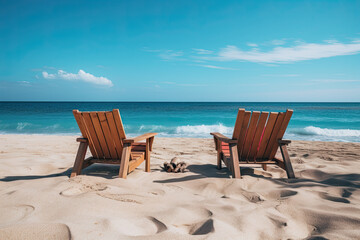Fototapeta premium two lounge chairs on a sandy beach with blue sky