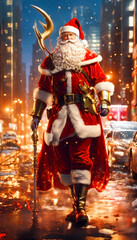 Santa Claus in armour walks down the crowded street of a modern night city 