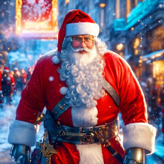 Santa Claus in armour walks down the crowded street of a modern night city 