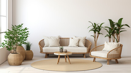 minimalist living room with several plants and rattan furniture